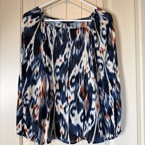 Liverpool Women’s Square Neck Puffed Sleeve Blouse Blue Multi Sz L Boho Hippie